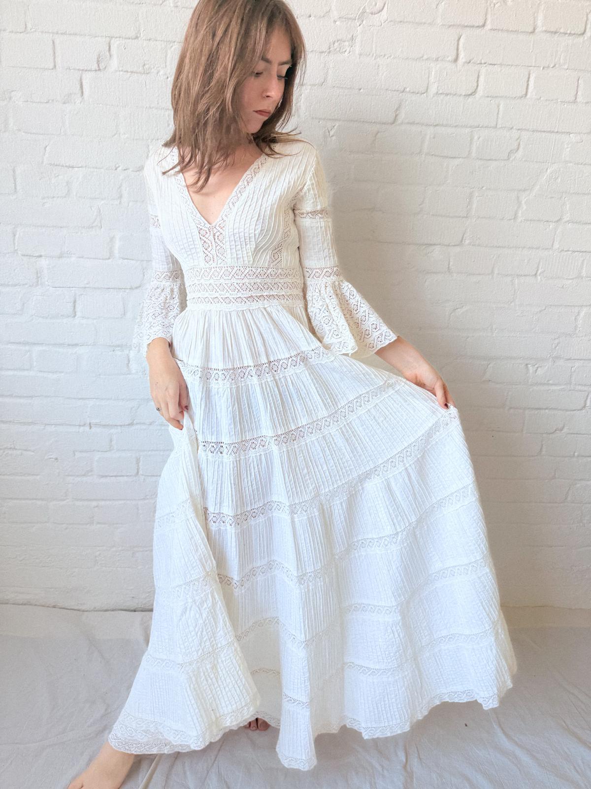 1970s Mexican Cotton and Crochet Lace Dress