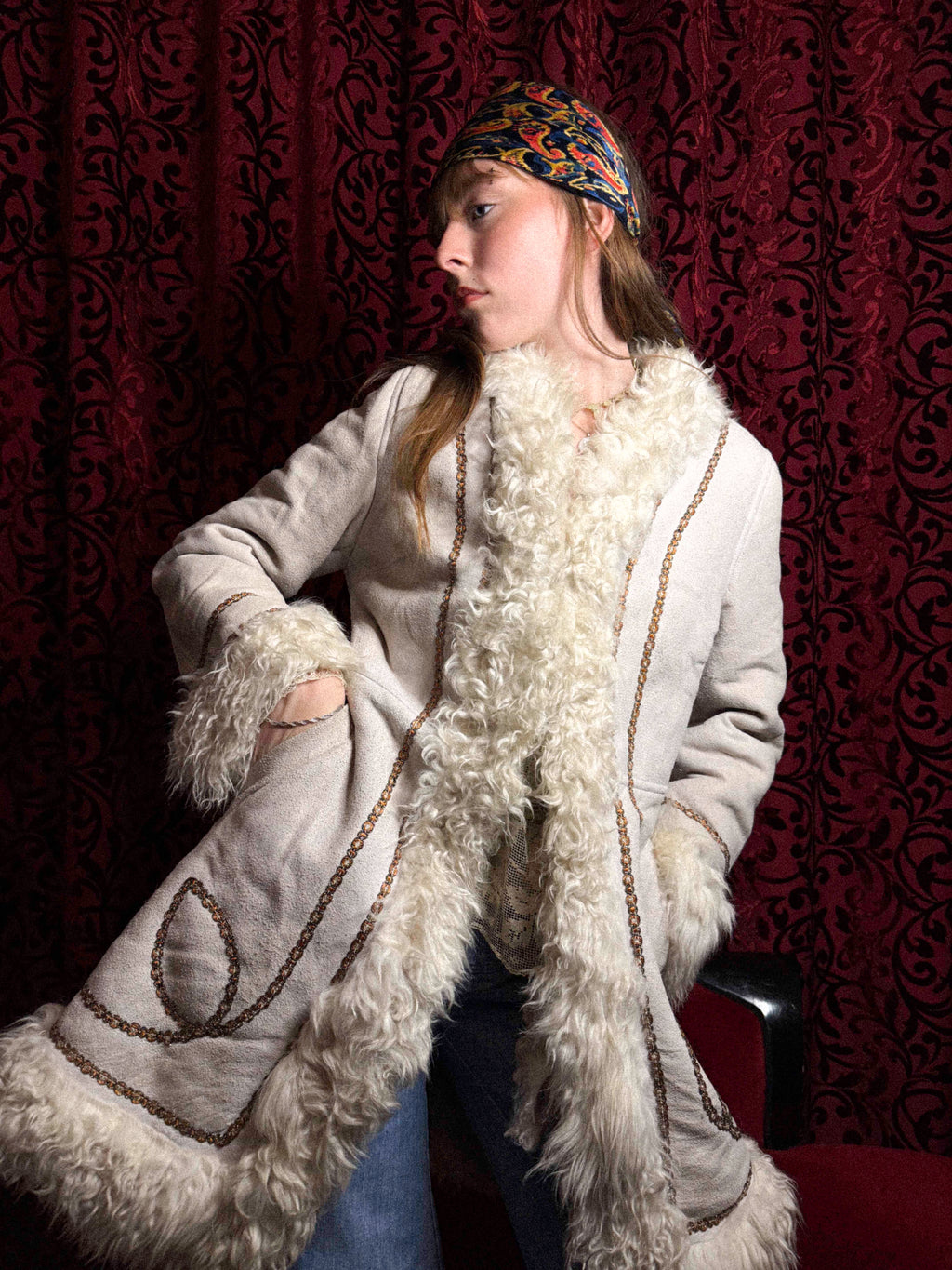 Rare 1970s Mongolian Sheepskin Coat in Soft Cream Suede