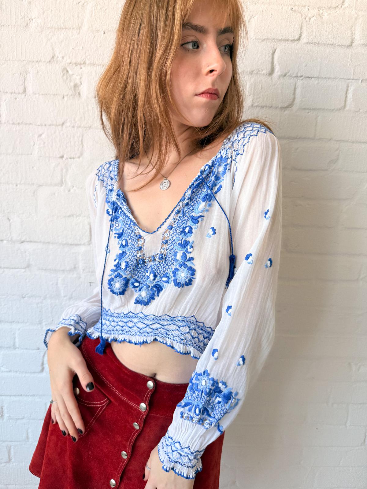1930s–40s Eastern European Hand-Embroidered Cotton Batiste Blouse