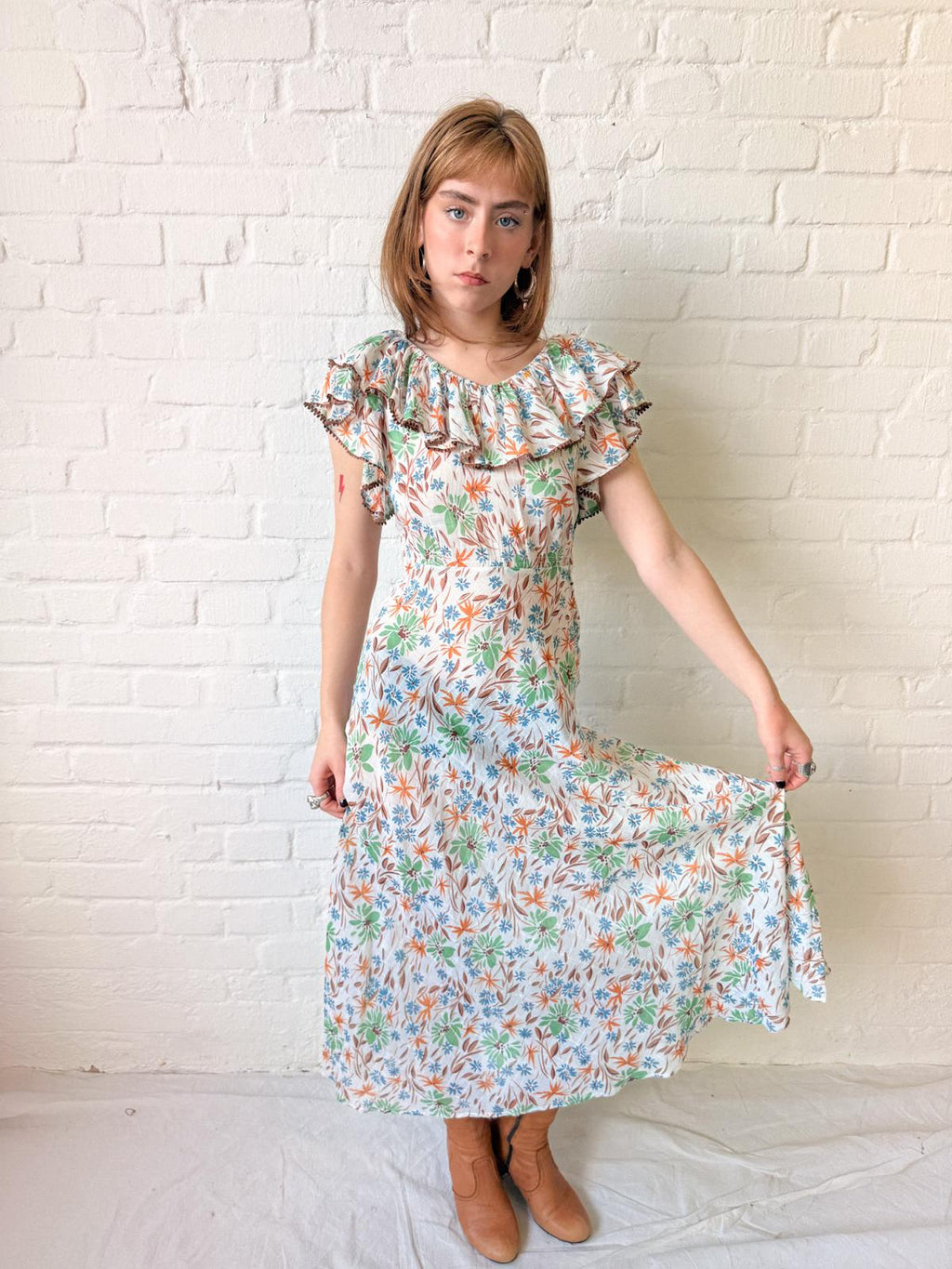 1930s Floral Cotton Voile Dress with Ruffled Neckline and Matching Belt
