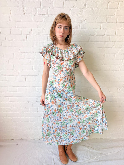 1930s Floral Cotton Voile Dress with Ruffled Neckline and Matching Belt