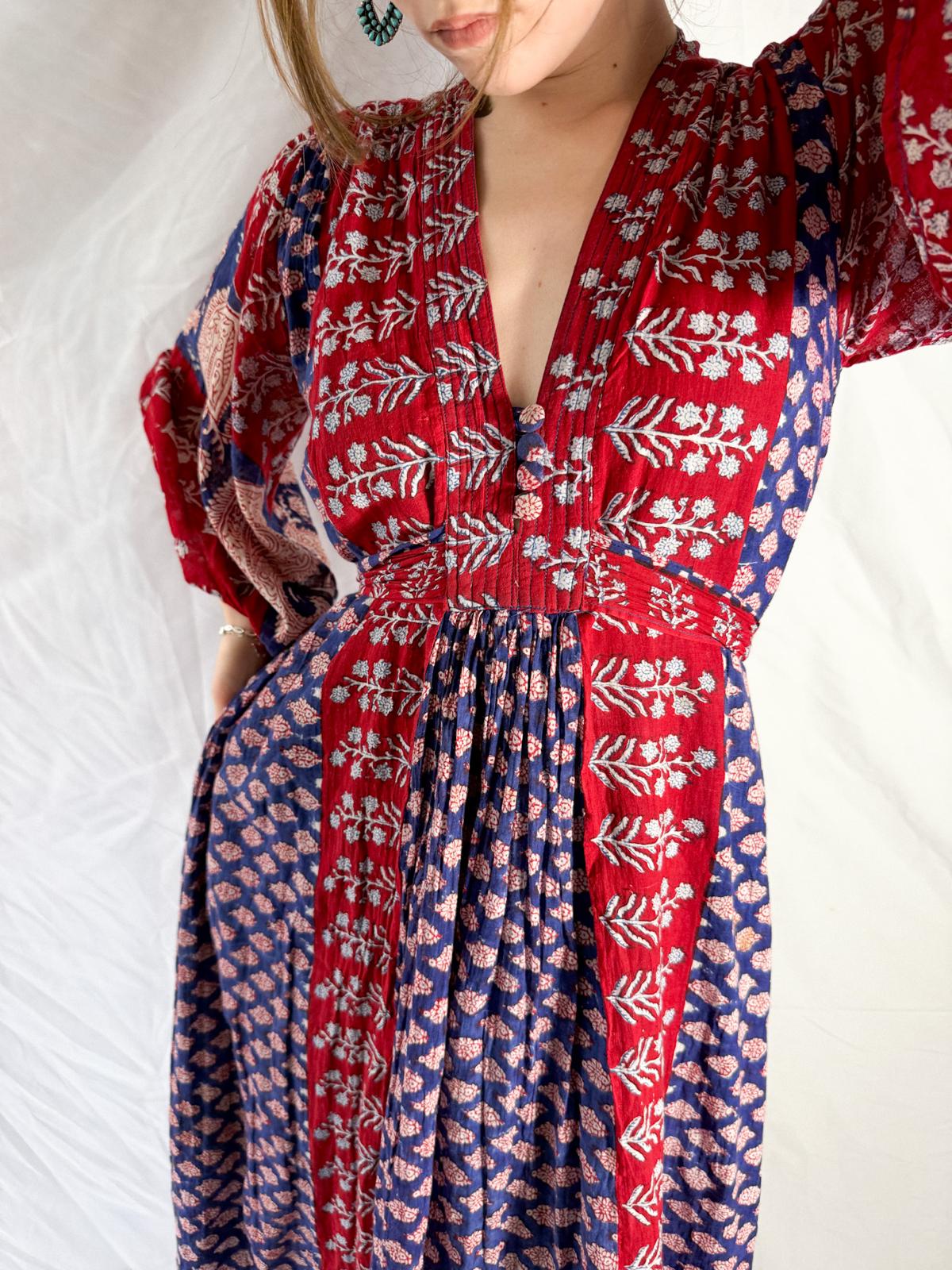 1970s Indian Cotton Gauze Block Print Dress with Angel Sleeves