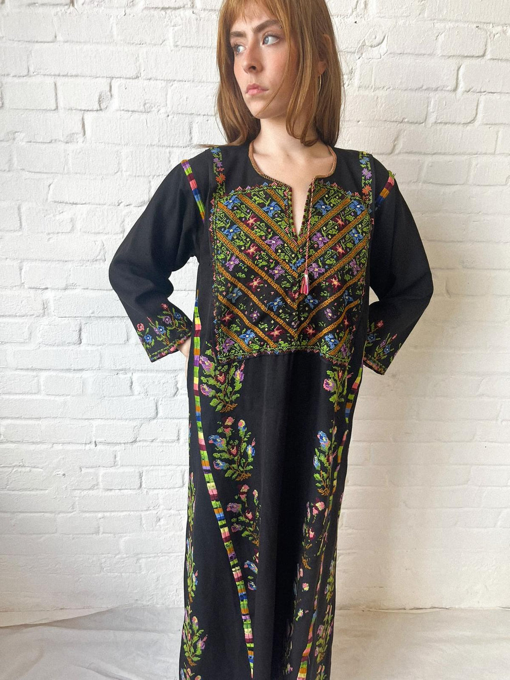 Vintage 1940s–60s Palestinian Embroidered Black Thobe Dress