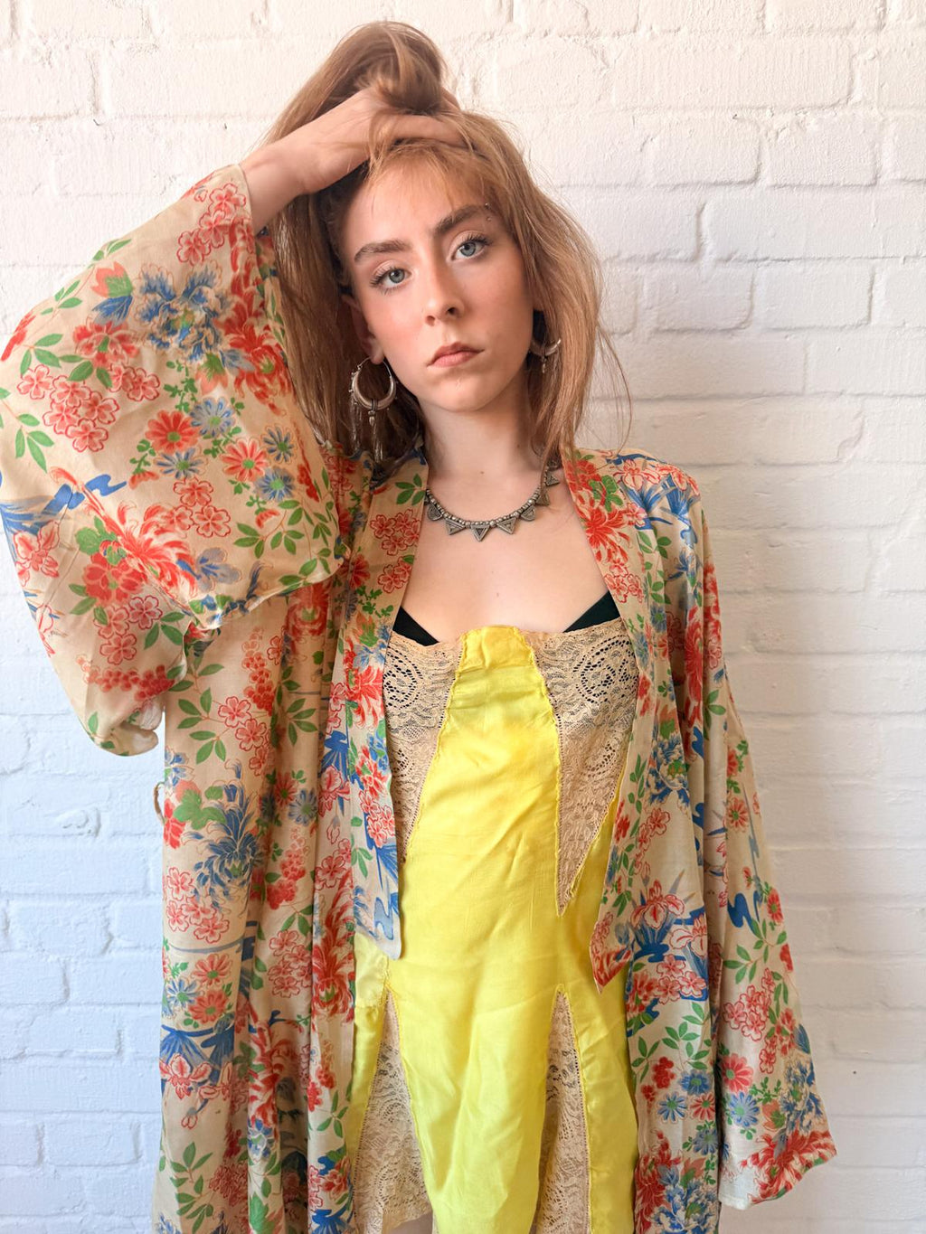 1920s Silk Pongee Kimono Robe – Full-Length Floral Tissue Silk