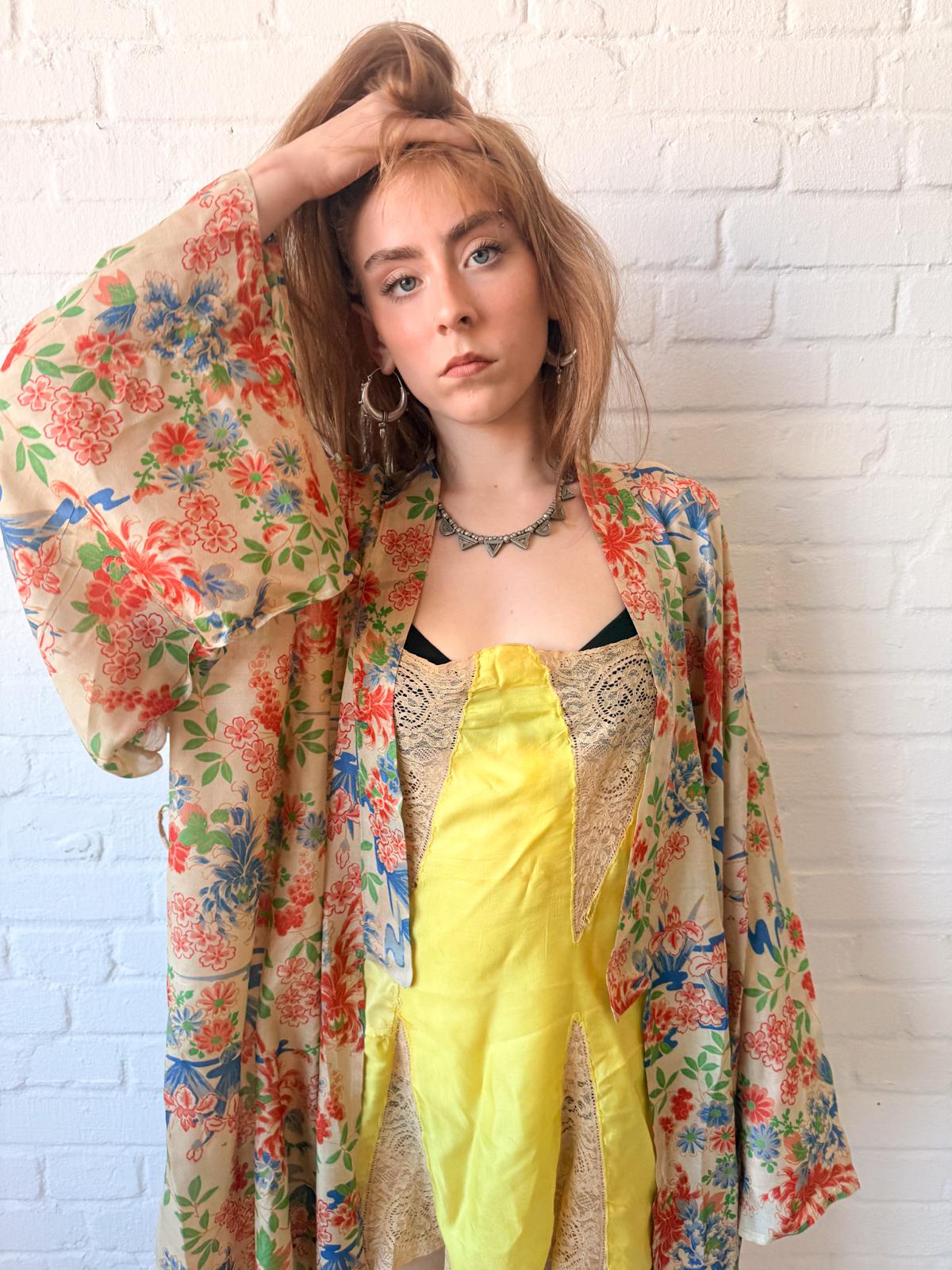 1920s Silk Pongee Kimono Robe – Full-Length Floral Tissue Silk