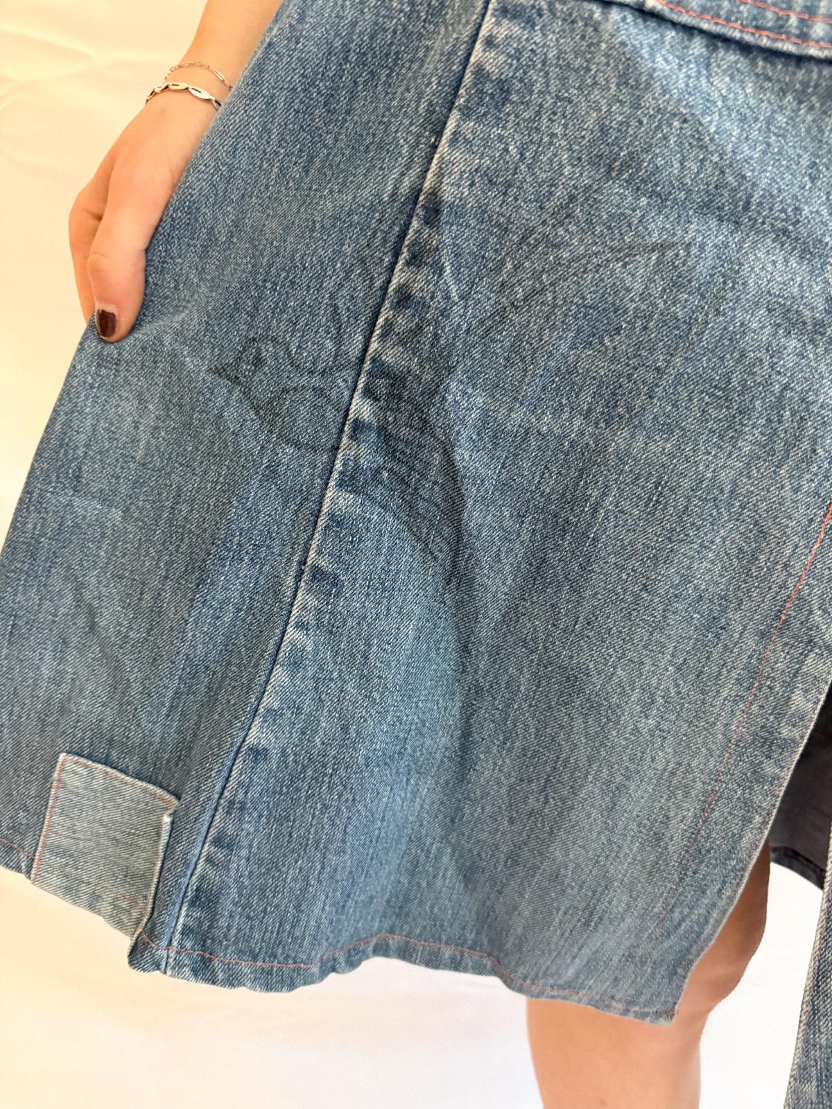 1970s Denim Dress in Heavy Cotton with Western Paneling and Swallow Motif