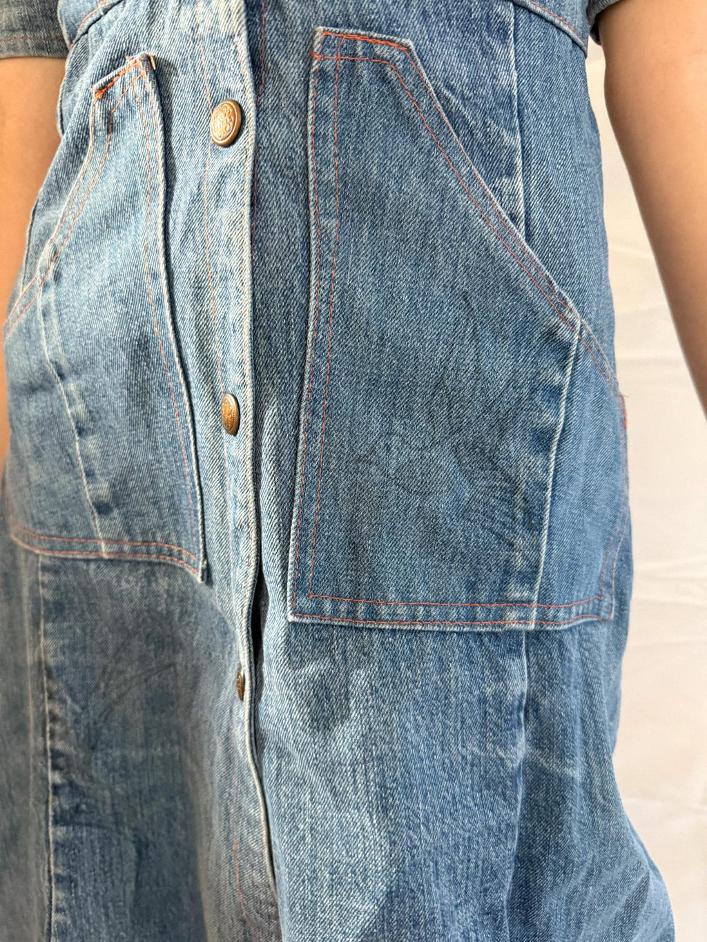 1970s Denim Dress in Heavy Cotton with Western Paneling and Swallow Motif