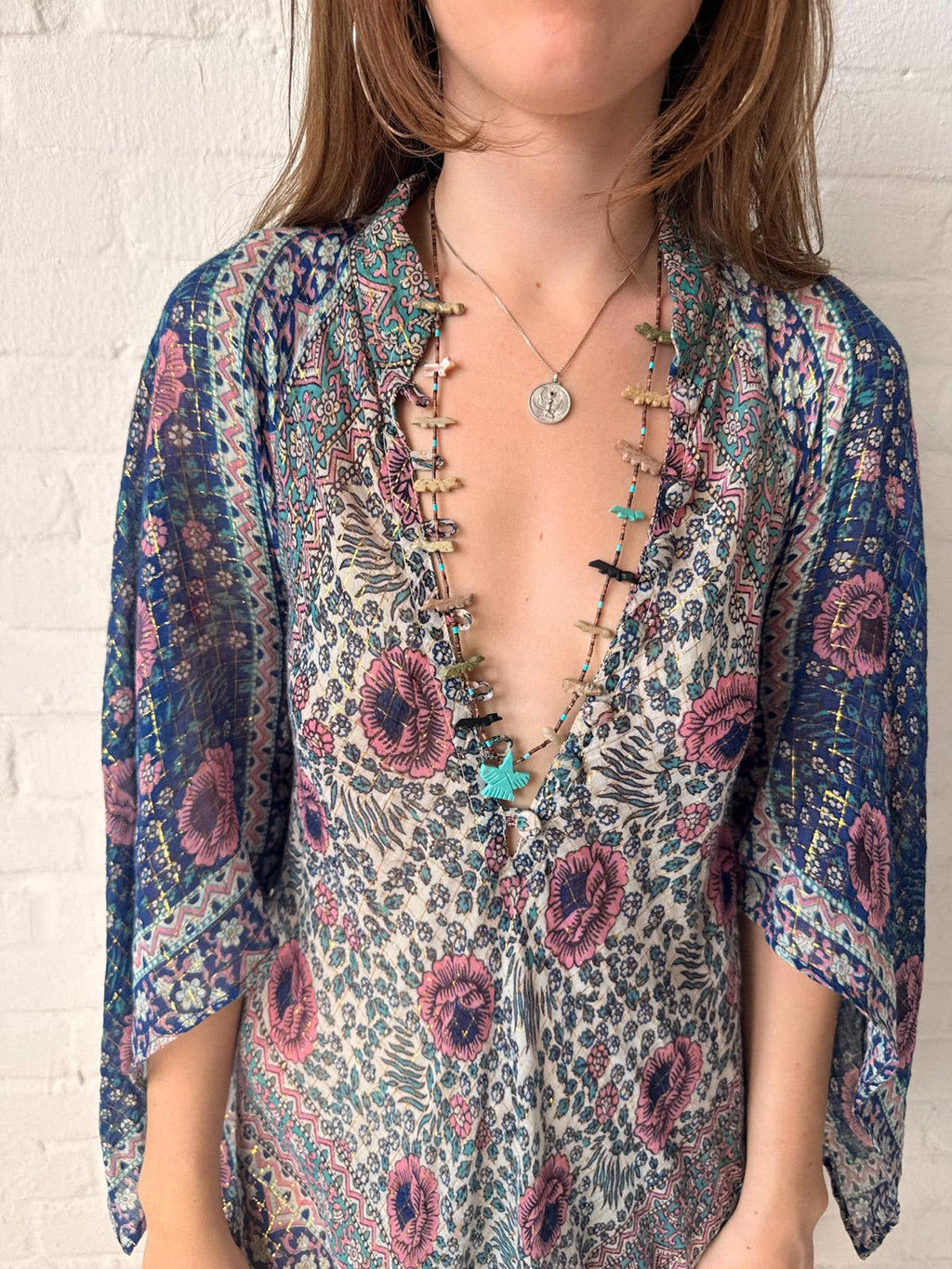 1970s Adini Floral Gauze Gold Lurex Caftan