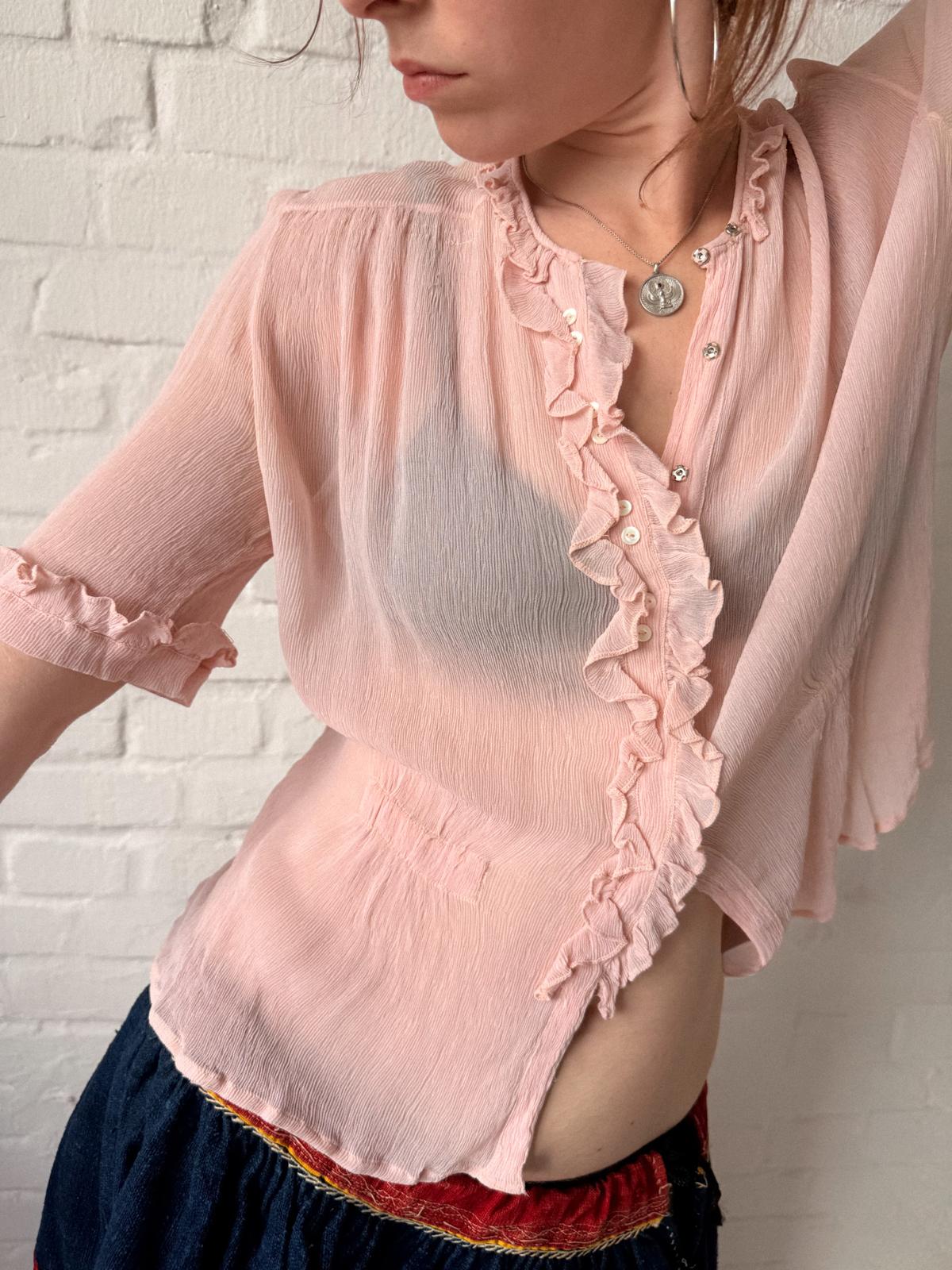 1930s Crinkled Pink Silk Blouse