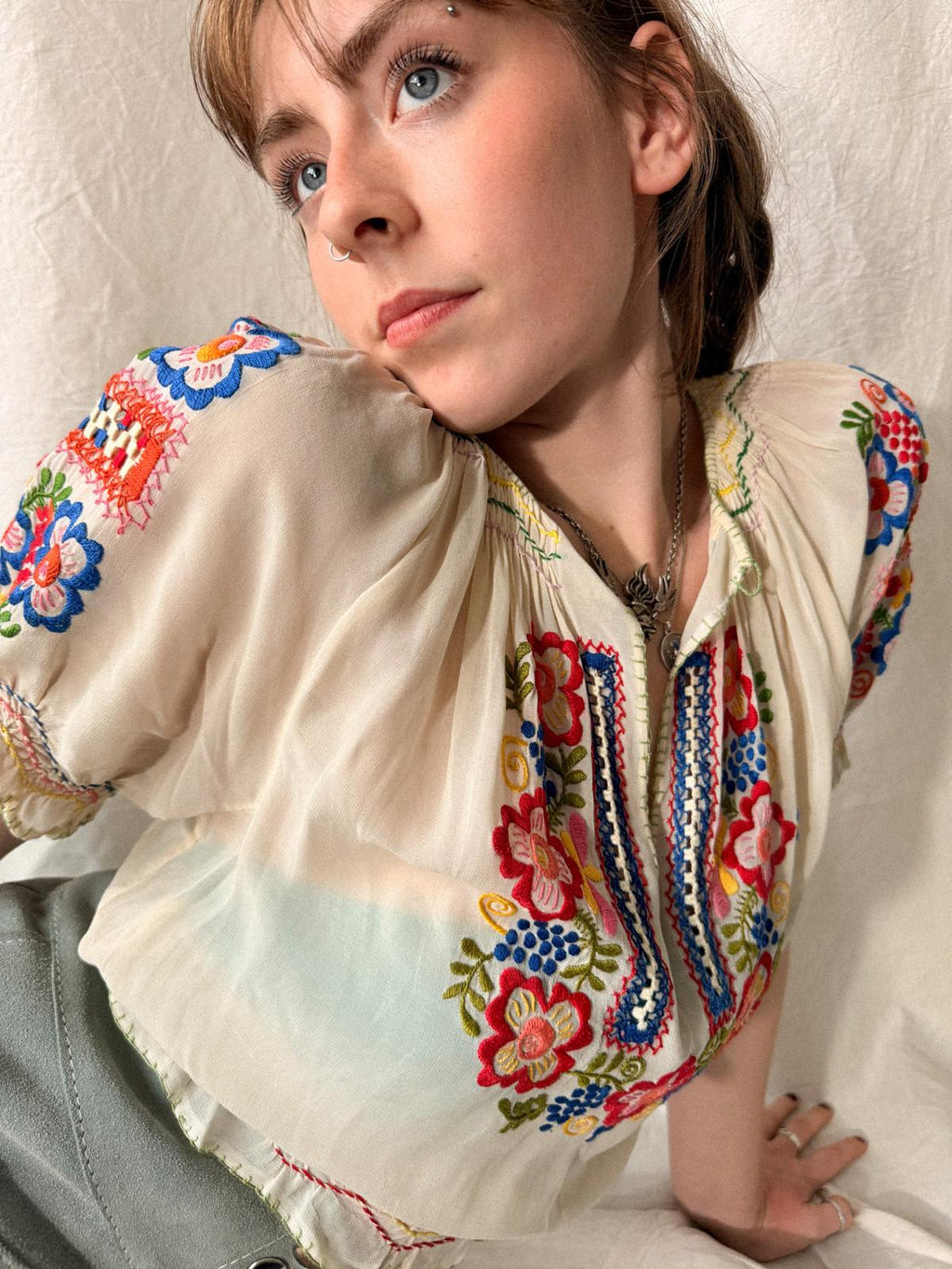 1930s–1940s Hand Embroidered Sheer Folk Blouse
