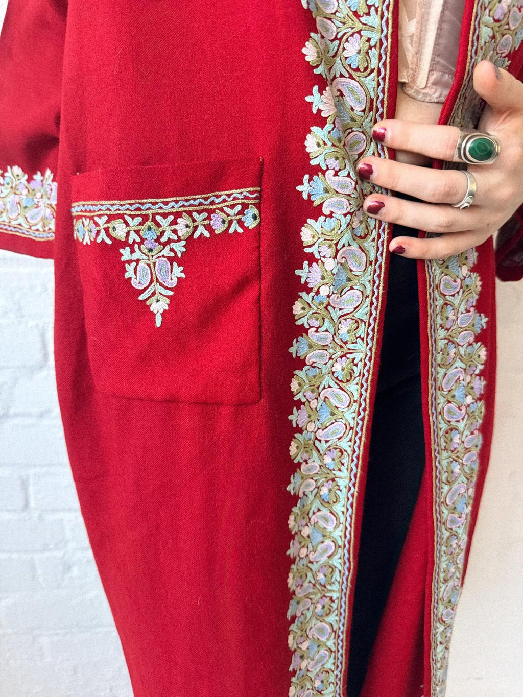 1920s–30s Kashmiri Embroidered Red Pashmina Wool Duster Coat