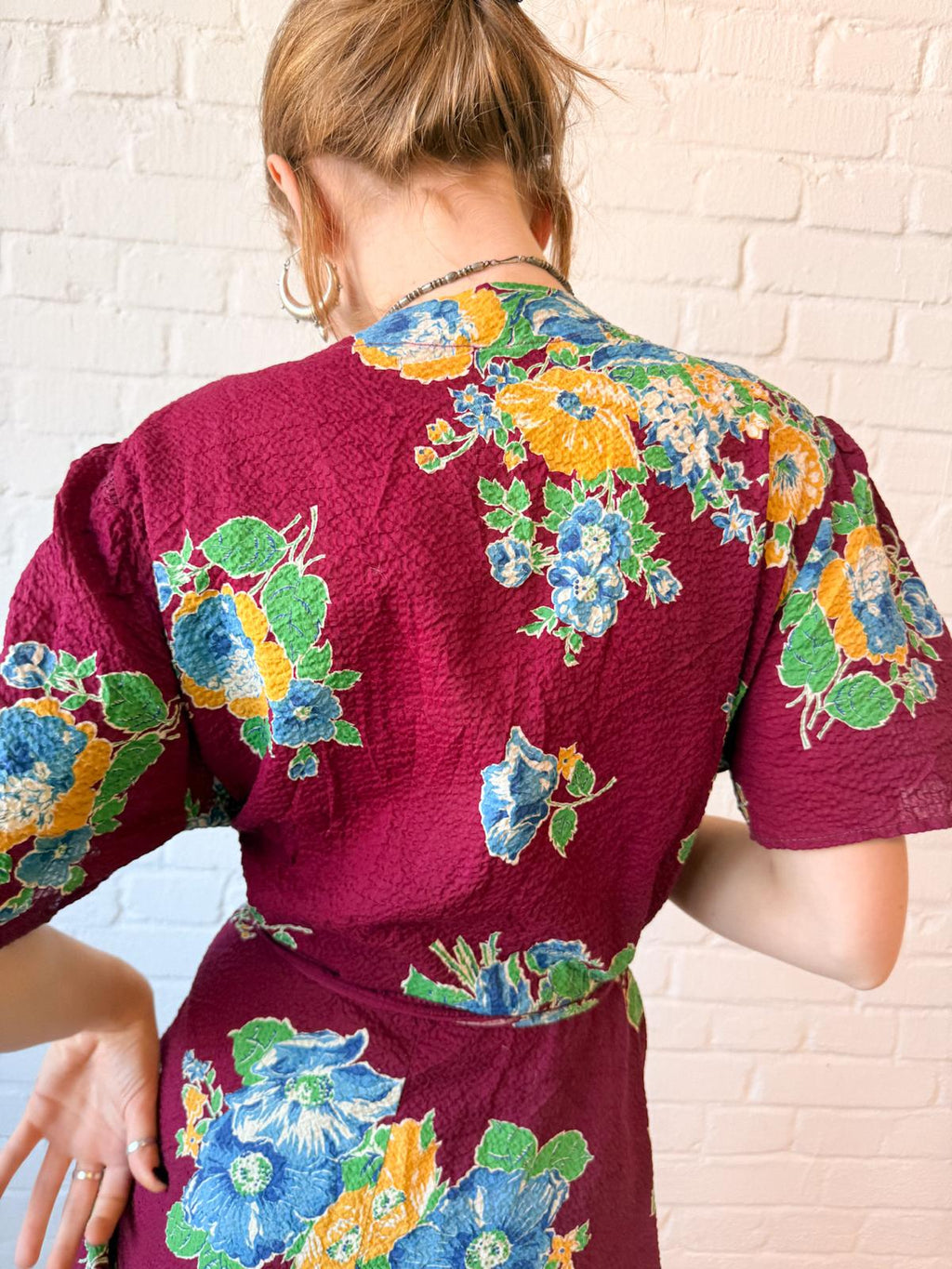 1930s–40s Burgundy Floral Crinkle Cotton Wrap House Dress