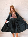 1970s Black Afghan Viscose Dress with Embroidered Velvet Yoke
