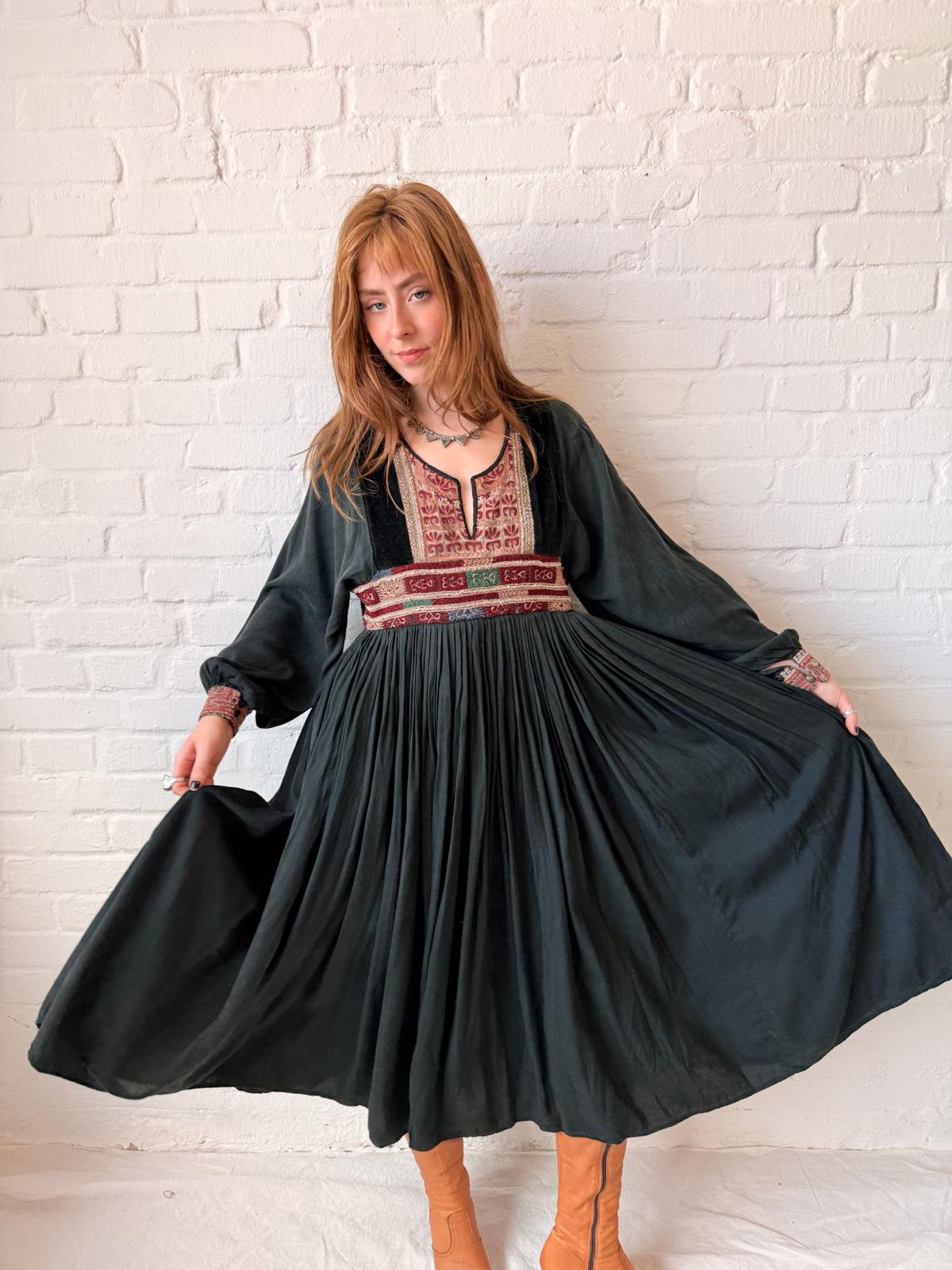 1970s Black Afghan Viscose Dress with Embroidered Velvet Yoke