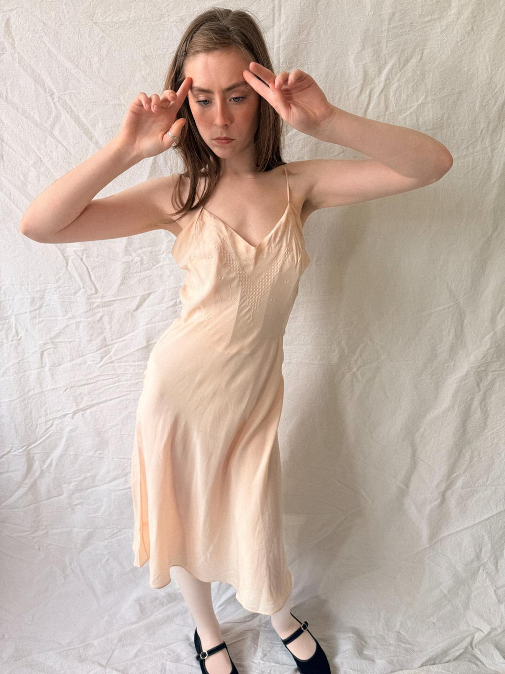 1930s Peach Silk Bias Cut Slip Dress with Art Deco Fagoting Detail