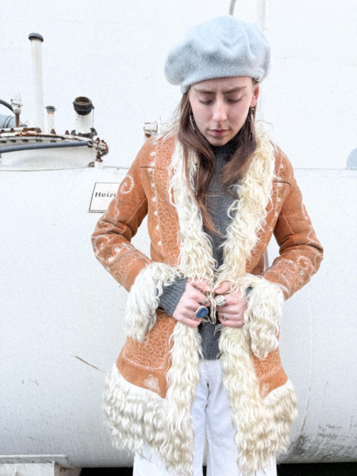 Rare 1960s/70s Afghan Penny Lane Sheepskin Hippie Coat with Floral Embroidery