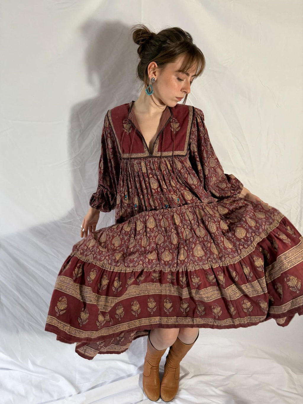 1970s Indian Block Print Cotton Dress with Tiered Skirt and Beaded Tassels