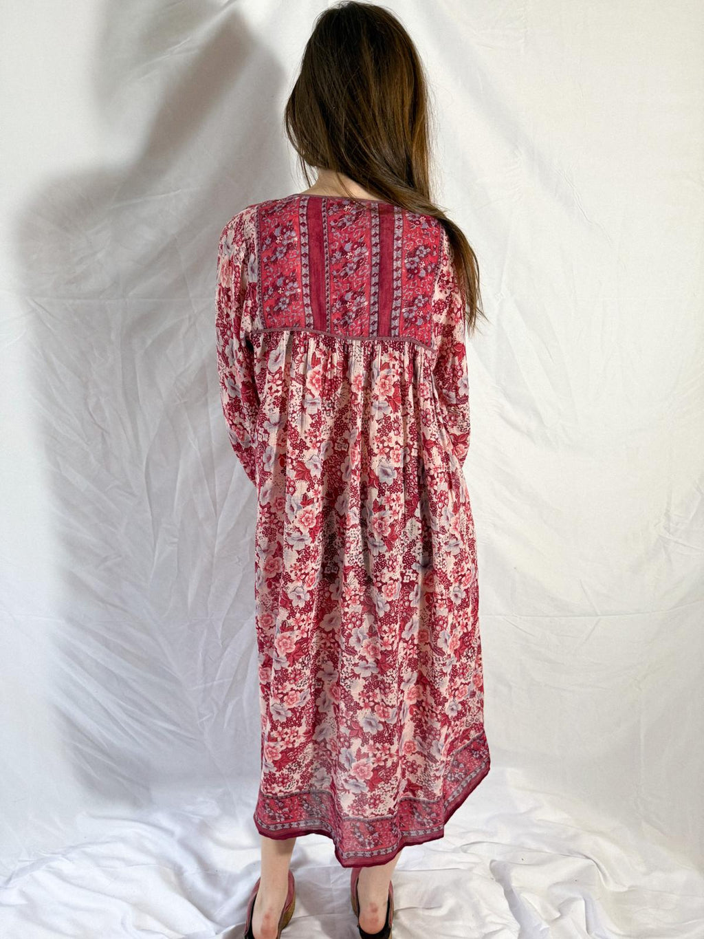 1970s Raspberry Blossom Cotton Gauze Dress