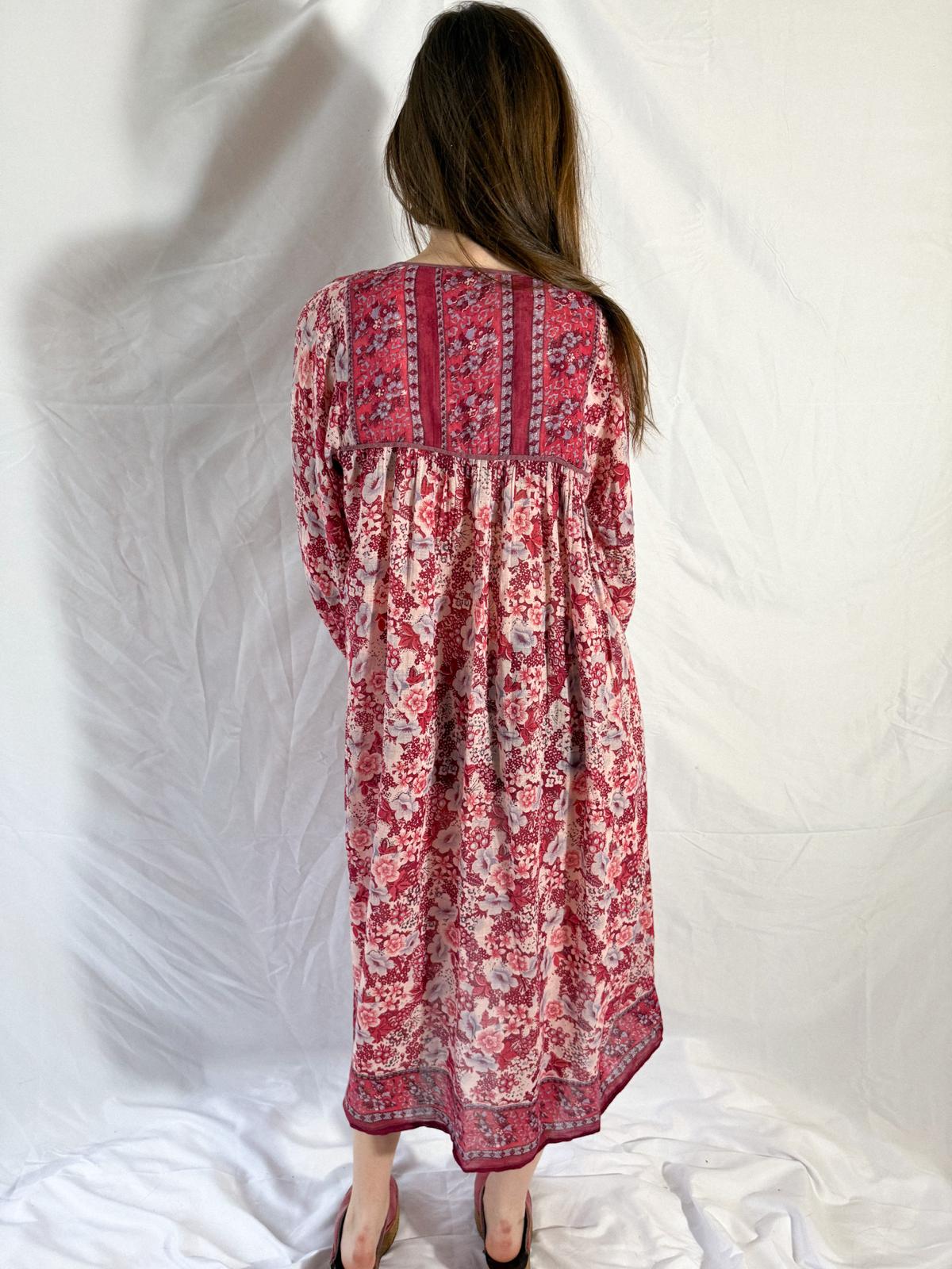 1970s Raspberry Blossom Cotton Gauze Dress