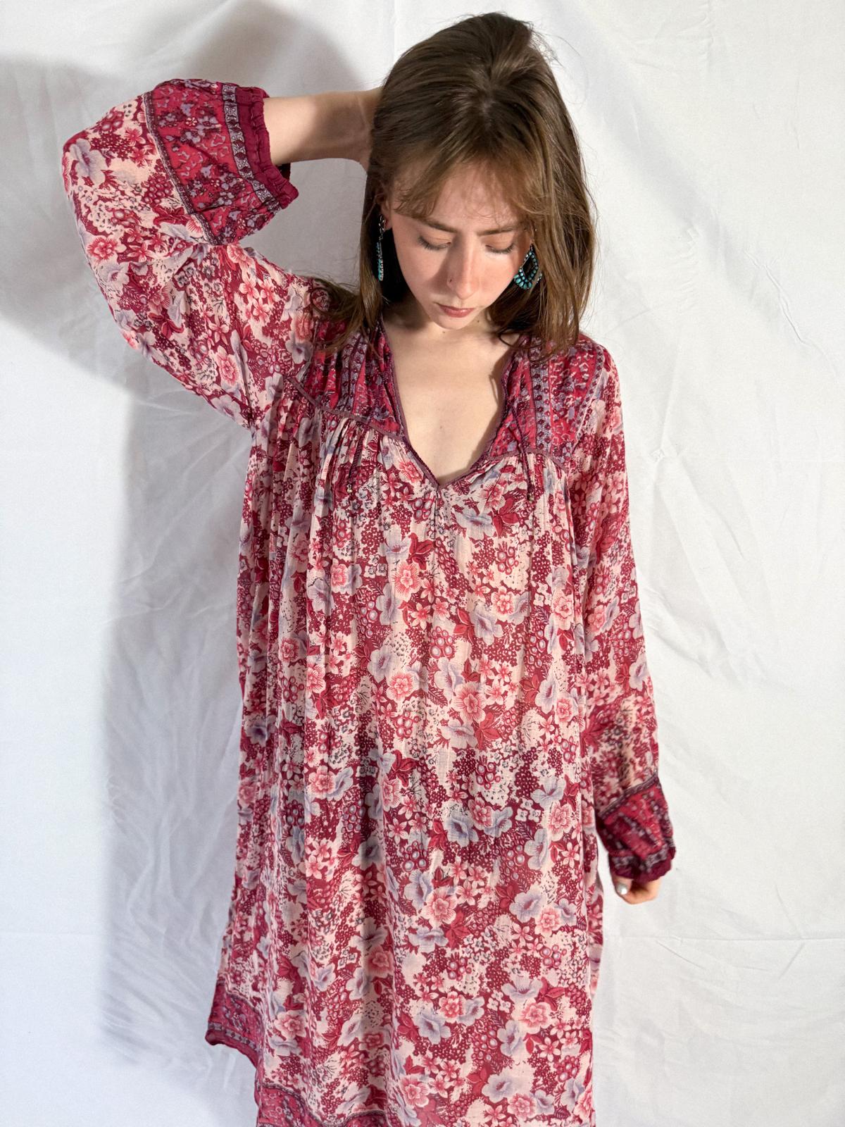 1970s Raspberry Blossom Cotton Gauze Dress