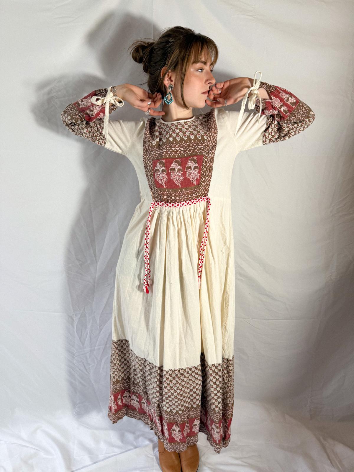 1970s Thick Cotton Blockprint Panel Dress in Cream