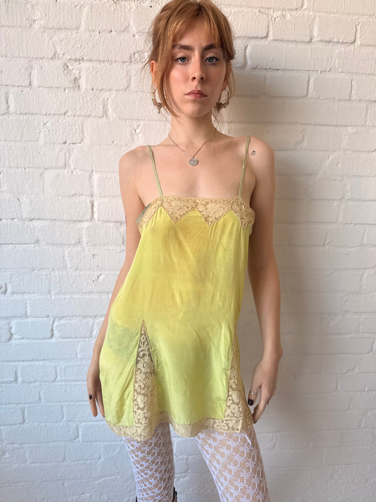 Antique 1920s Chartreuse Silk Lingerie Slip with Lace￼