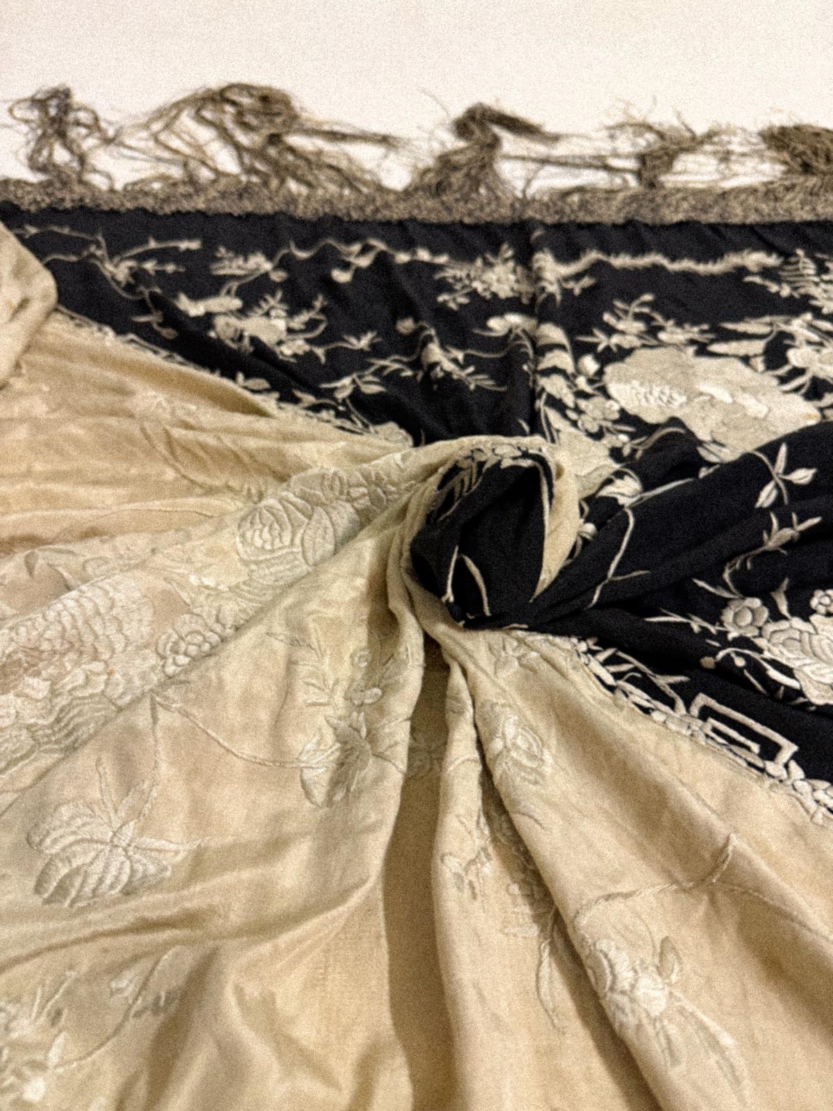 1920s Black & Ivory “Yin-Yang” Embroidered Silk Piano Shawl
