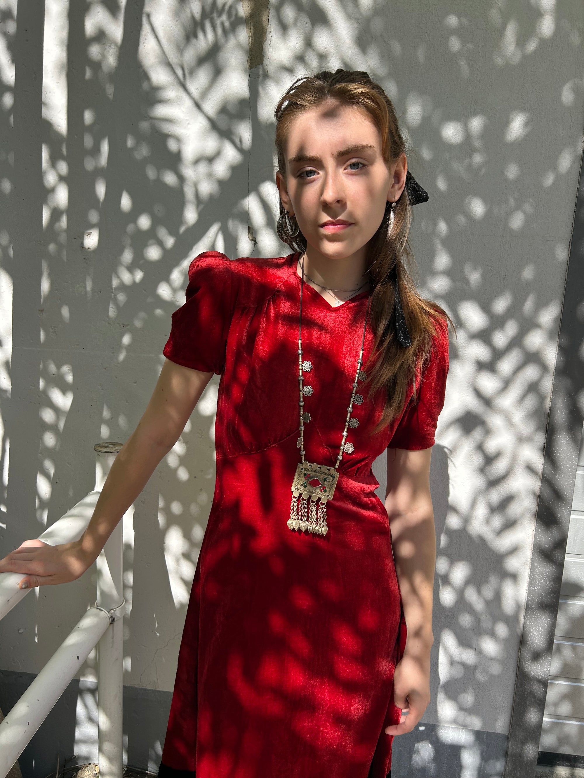 Crimson Silk velvet late 1930s / early 40s Button-Up Dress