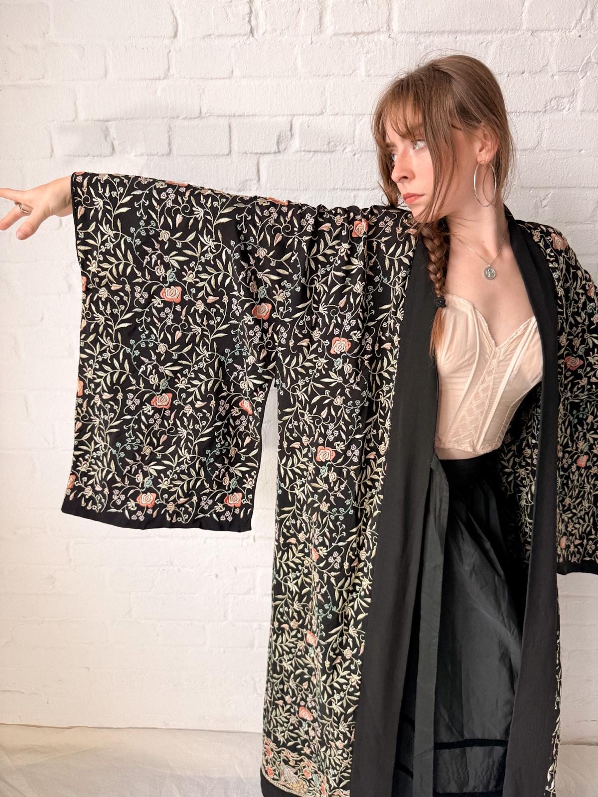 1920s Embroidered Peacock Hostess Kimono-Style Robe