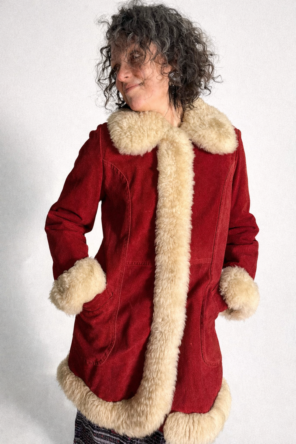 1960s/70s Cherry Red Shearling Coat with Sheepskin Trim