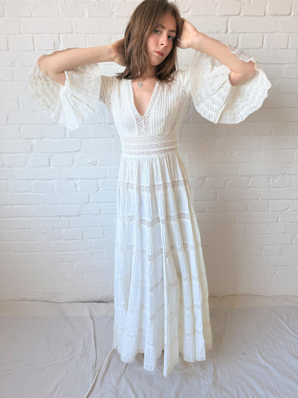 1970s Mexican Cotton and Crochet Lace Dress