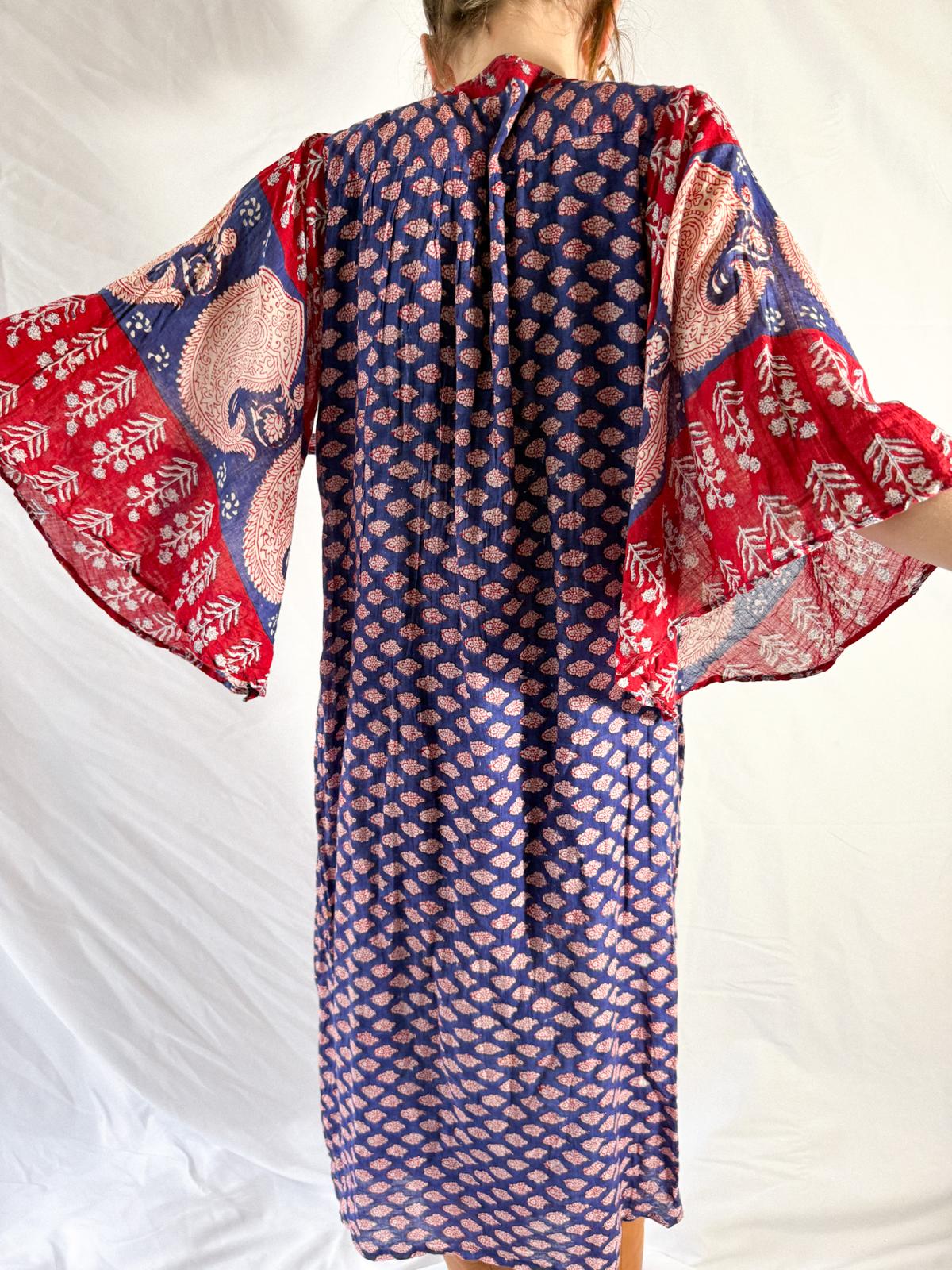 1970s Indian Cotton Gauze Block Print Dress with Angel Sleeves