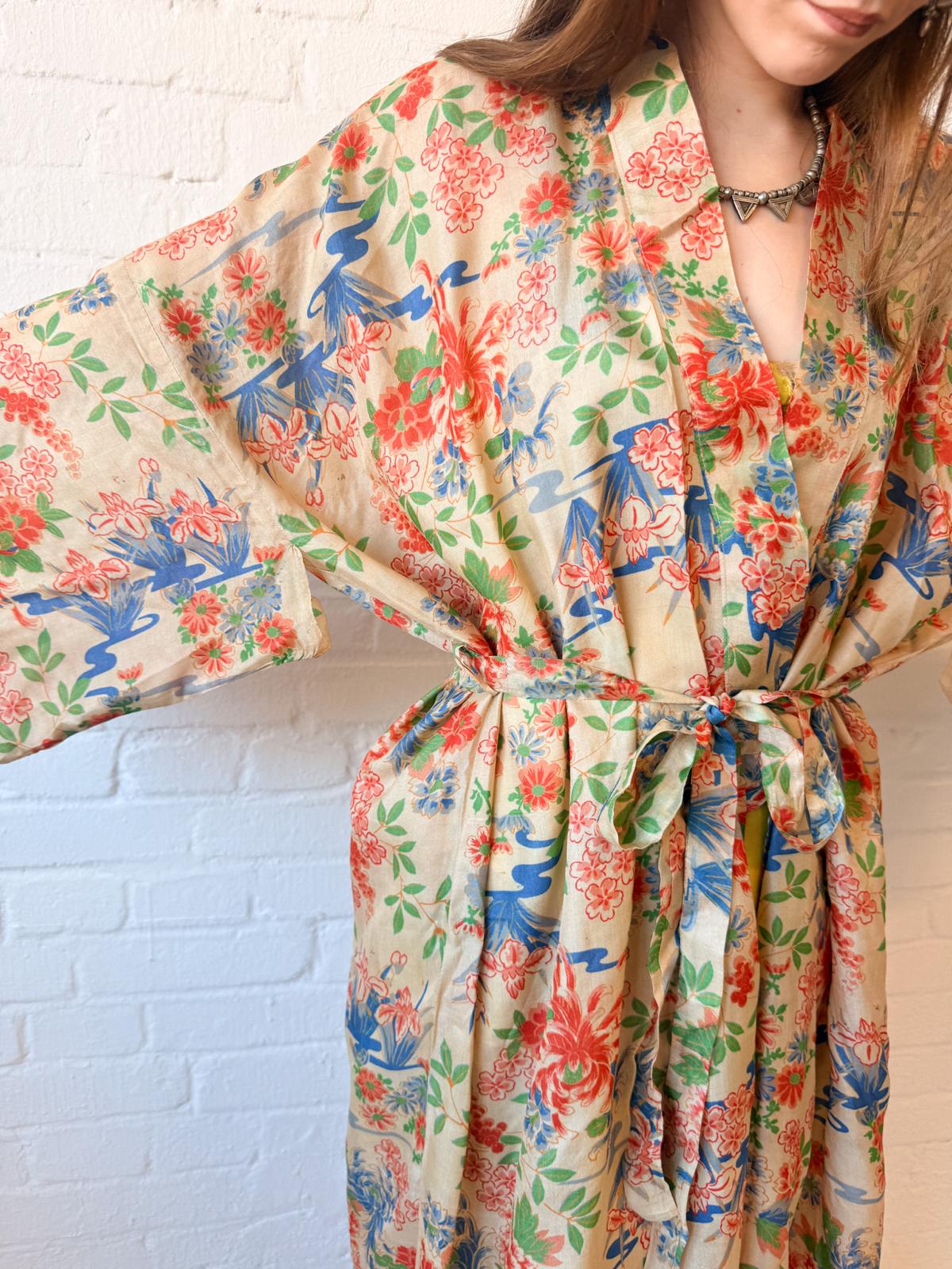 1920s Silk Pongee Kimono Robe – Full-Length Floral Tissue Silk