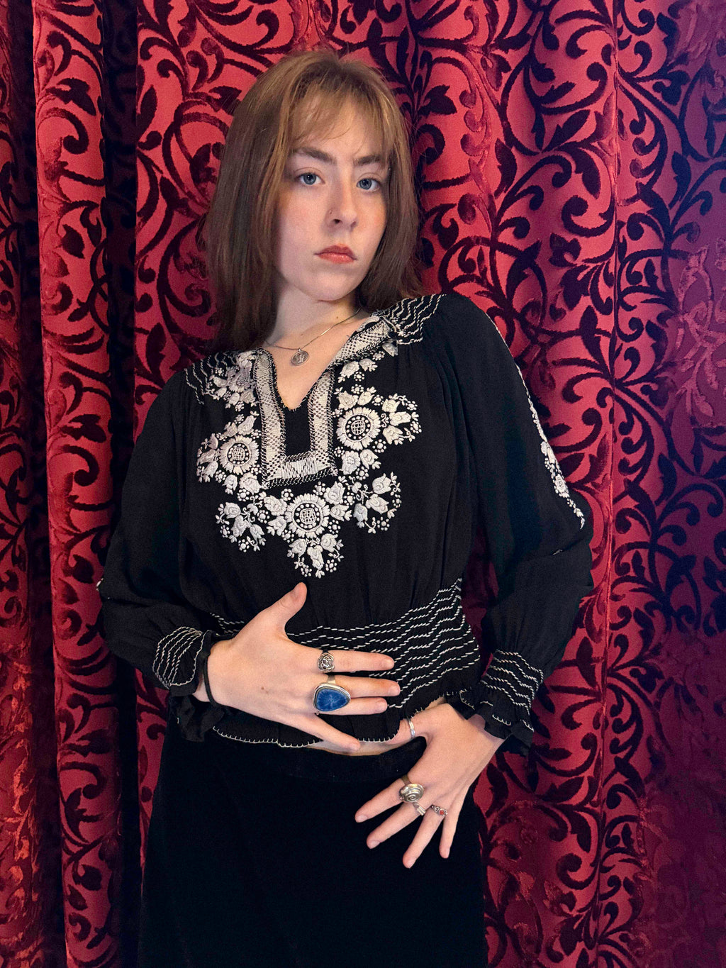 1930s Black & White Embroidered Peasant Penny Lane Blouse