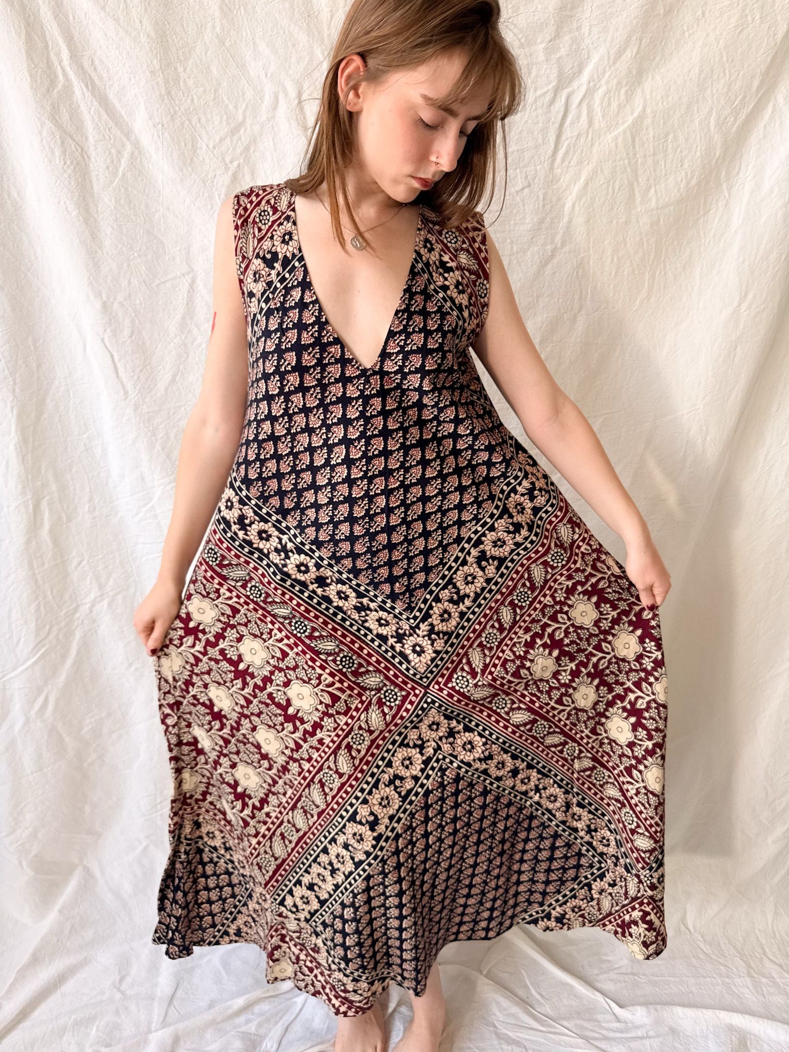 1970s Indian Block Print Cotton Caftan Dress