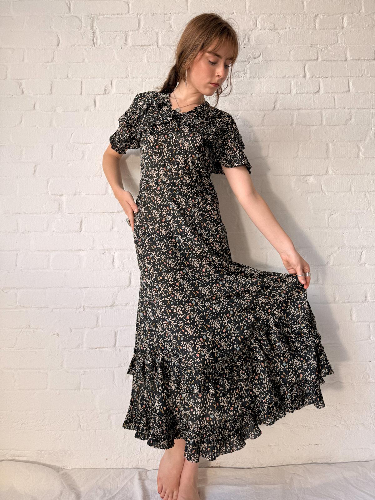 1920s Black Silk Voile Capelet Dress with Pleated Ruffle Hem | Flapper Day Dress | Rare Antique Silk Dress