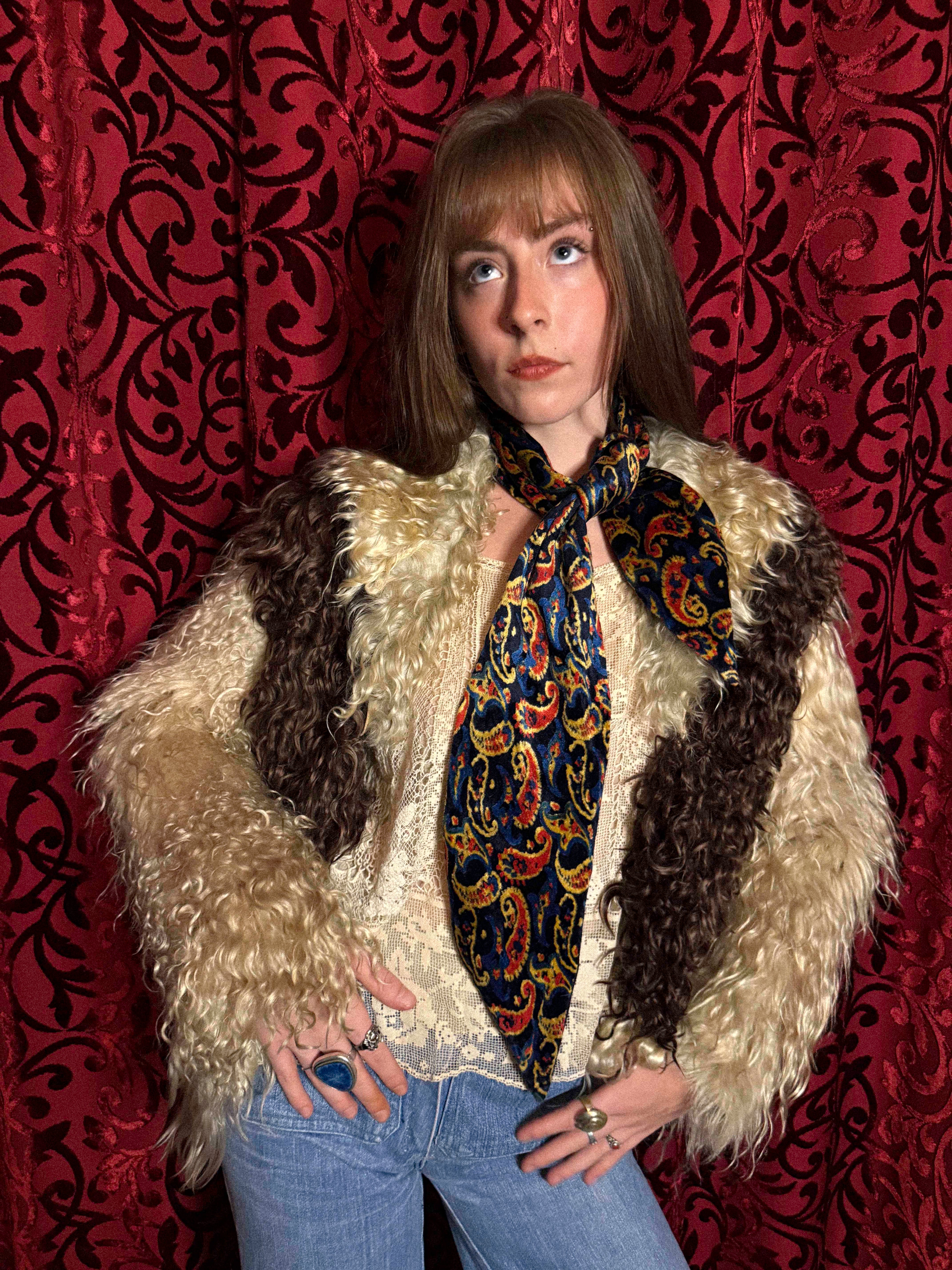 Rare 1960s–70s Tibetan Lamb Jacket – Two-Tone Curly Fur with Sculptural Sleeves