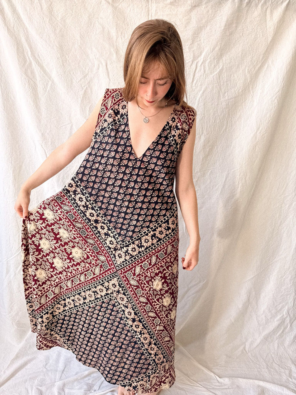 1970s Indian Block Print Cotton Caftan Dress