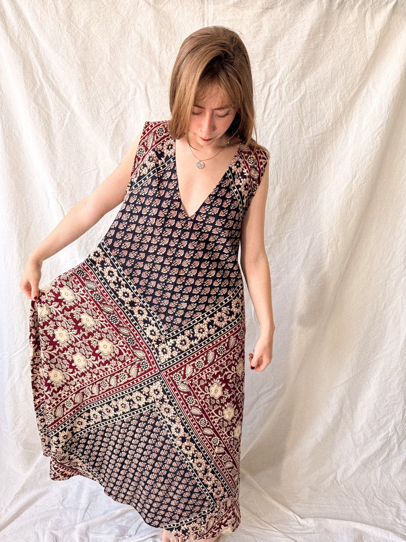 1970s Indian Block Print Cotton Caftan Dress