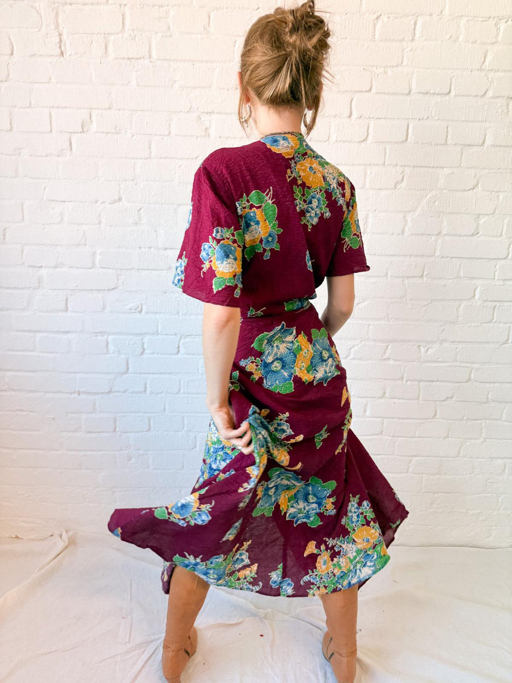 1930s–40s Burgundy Floral Crinkle Cotton Wrap House Dress