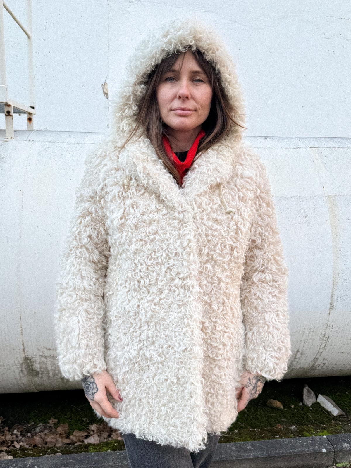 1970s Tibetan Lamb Coat with Hood – Curly Sheepskin, Satin Lined, Leather Toggles