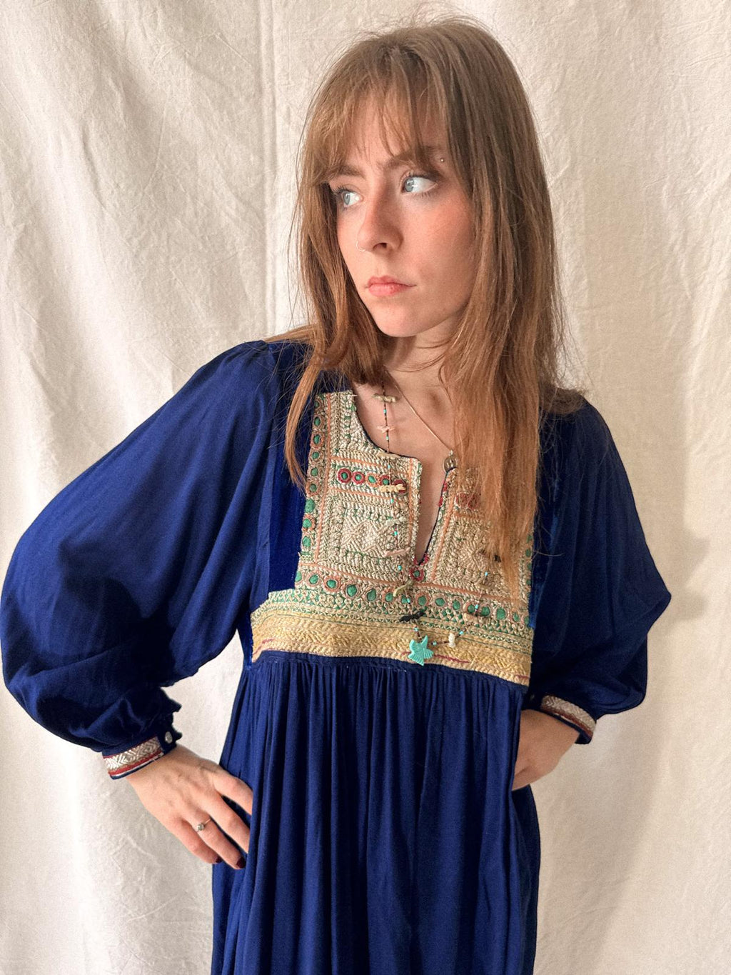 1970s Afghan Folk Dress in Cobalt Blue Velvet & Handworked Tribal Yoke