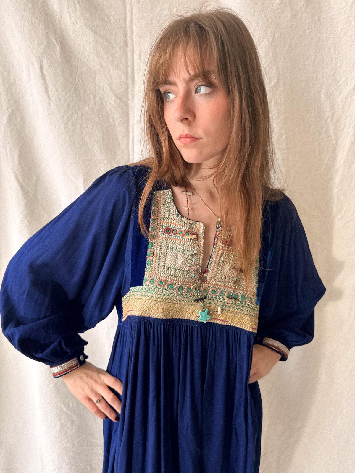 1970s Afghan Folk Dress in Cobalt Blue Velvet & Handworked Tribal Yoke