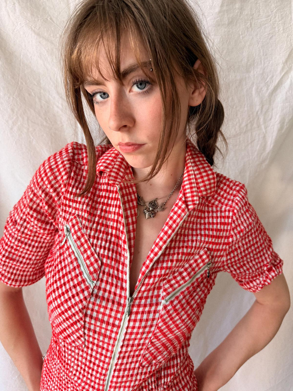 1970s Betty Barclay Red Gingham Zip Front Jumpsuit