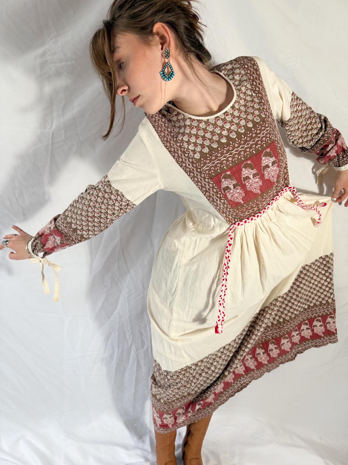 1970s Thick Cotton Blockprint Panel Dress in Cream