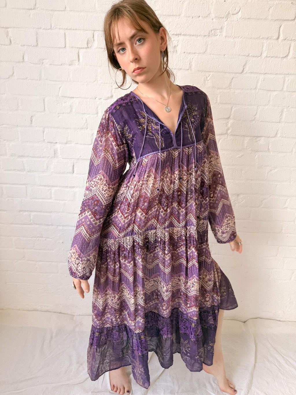 1970s Indian Cotton Gauze Maxi Dress with Tree Print and Gold Stamped Details