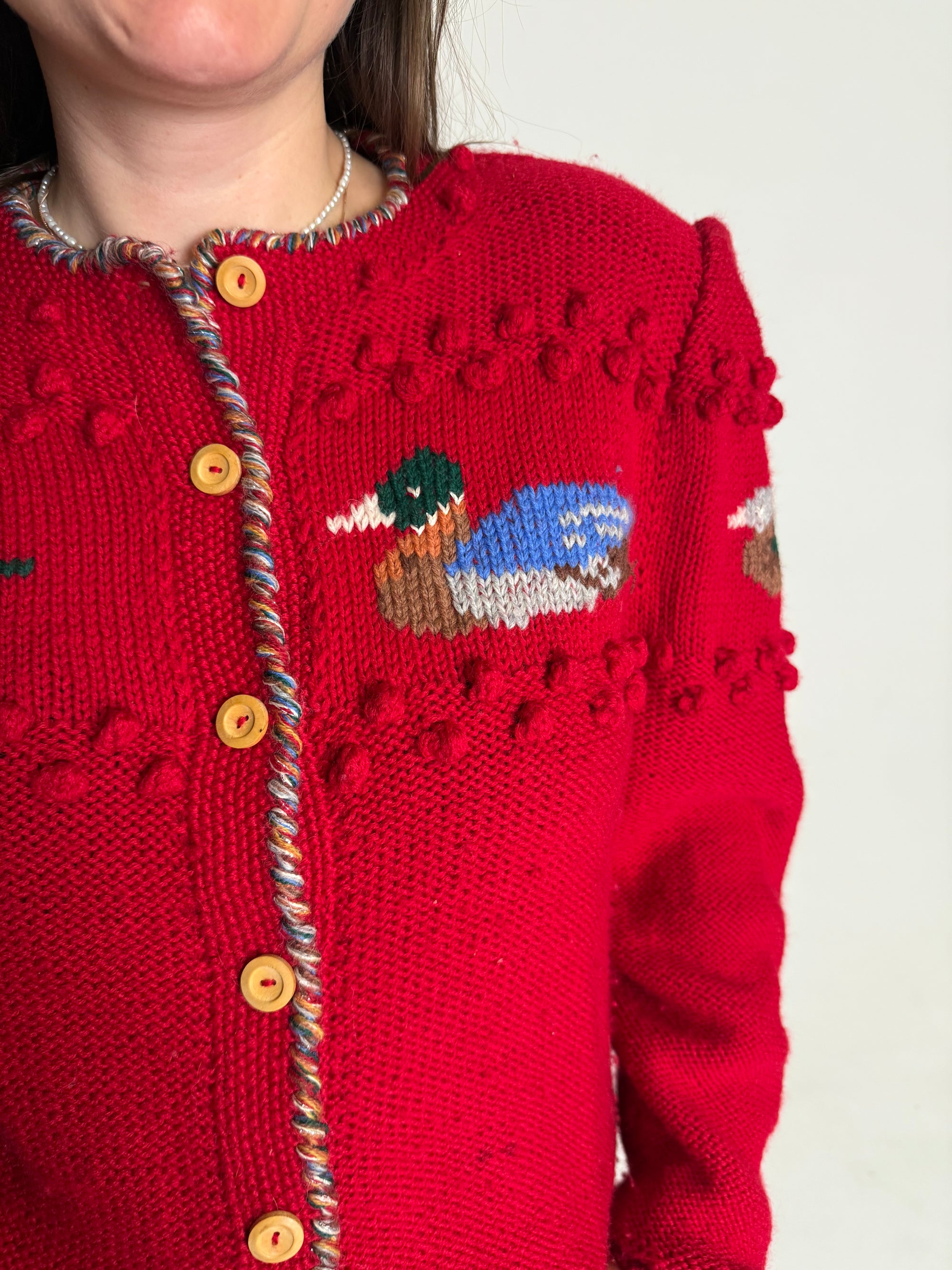 Vintage Woolen Folk Cardigan with Duck Motif by Pinelli