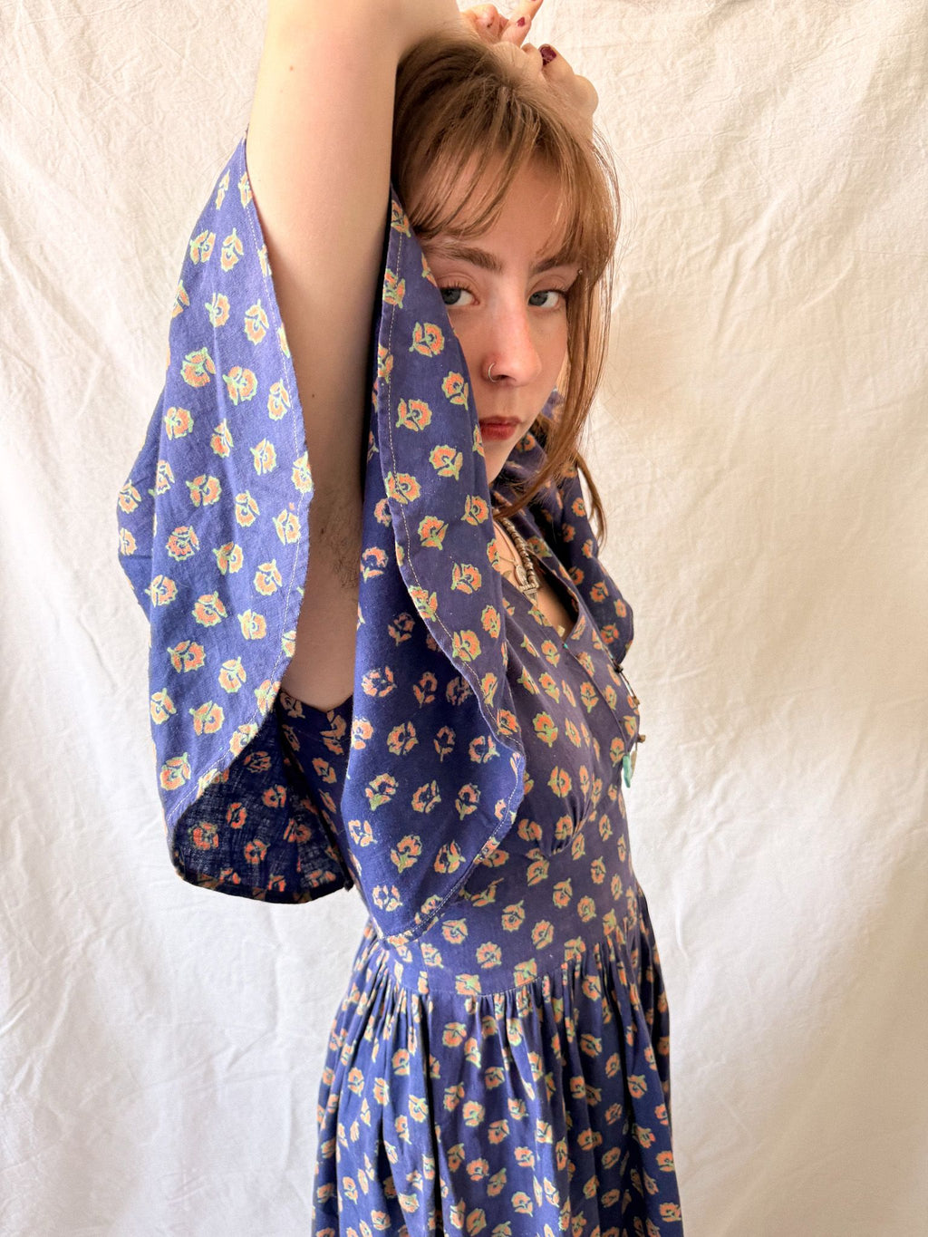 1970s West German Cotton Block Print Angel Sleeve Dress