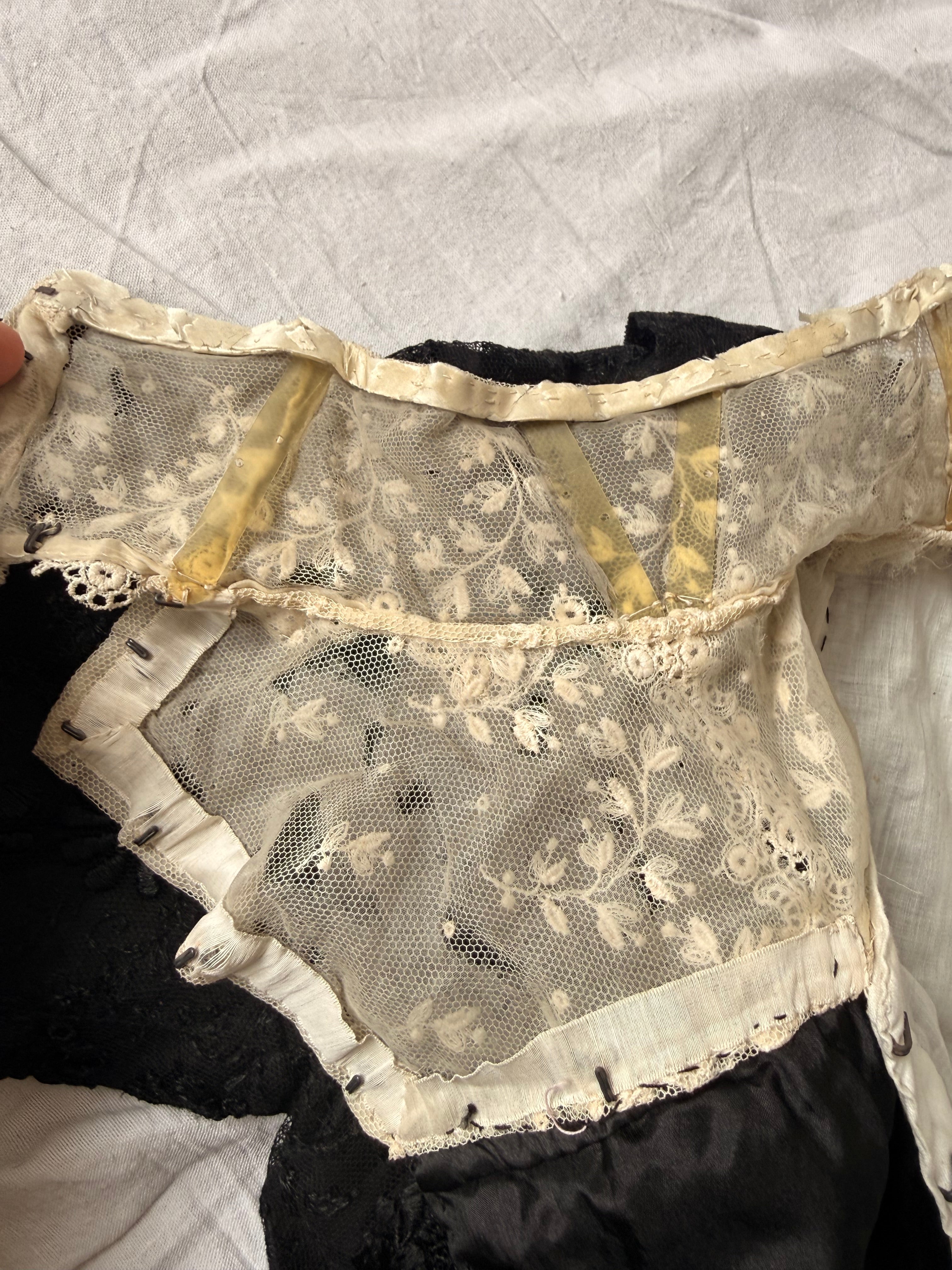 Victorian / Early Edwardian Black Silk & Lace Boned Bodice | Antique Embroidered Jacket | c. 1895–1910