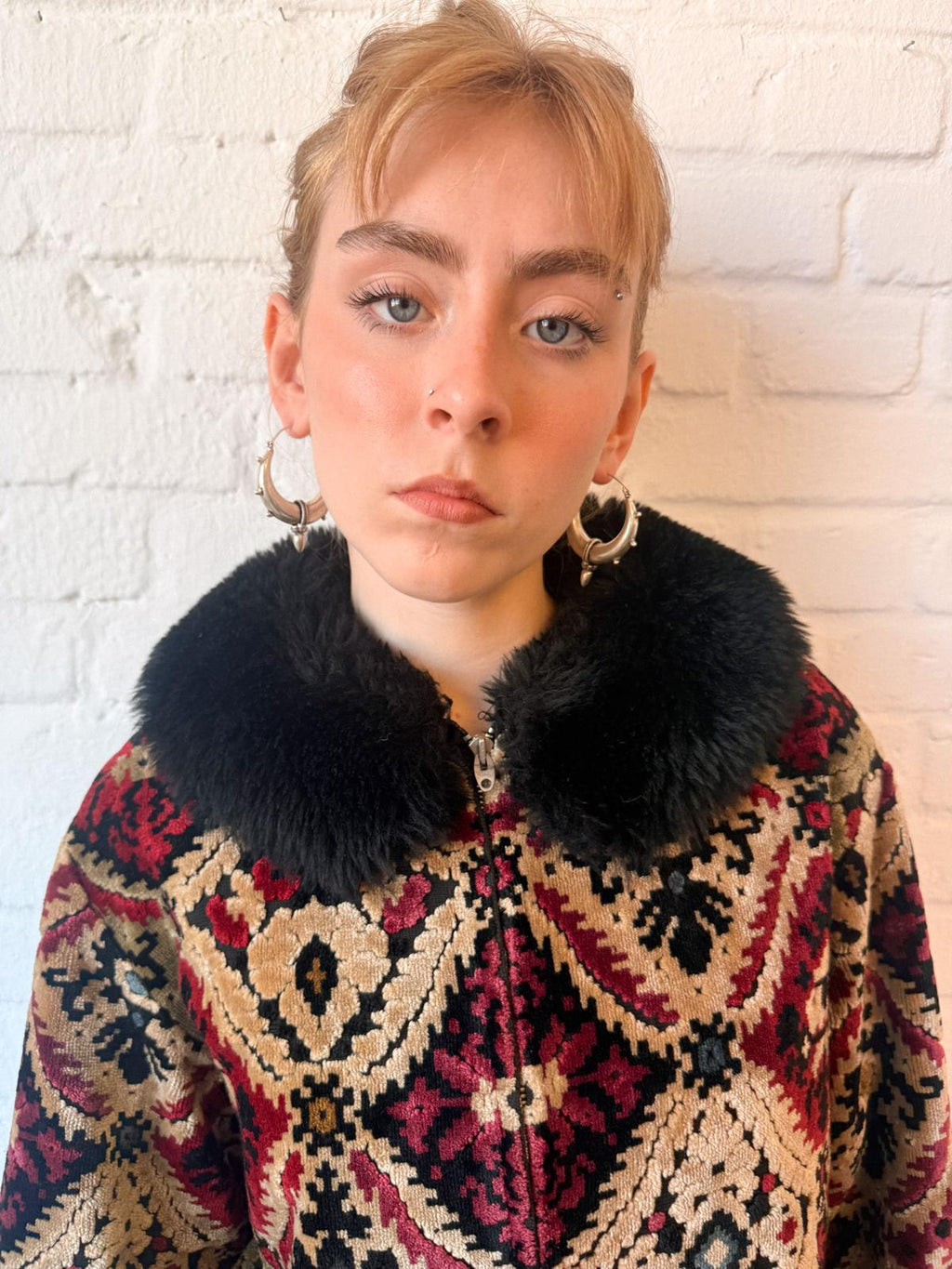 1960s Tapestry Chenille Ski Jacket with Faux Fur Collar